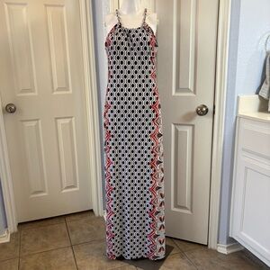 Milano Navy & White Geometric Maxi Dress with Red Accents Stretch Lined Bust